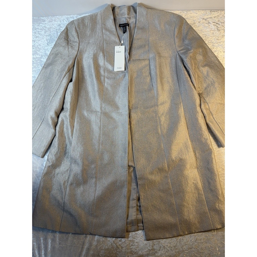 Eileen Fisher Mirage Jacquard Jacket Women M Silver Silk Blend Open Front NWT